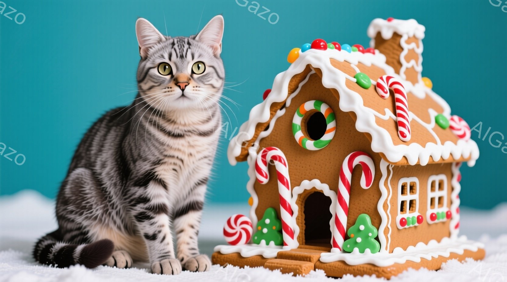 縞模様の猫が白いふわふわした地面に座っており、正面にはジンジャーブレッドハウスが置かれています。猫は穏やかな表情で正面を見つめ、リラックスした姿勢を保っています。背景は明るい水色で、全体的に温かく、ク - AI生成フリー素材
