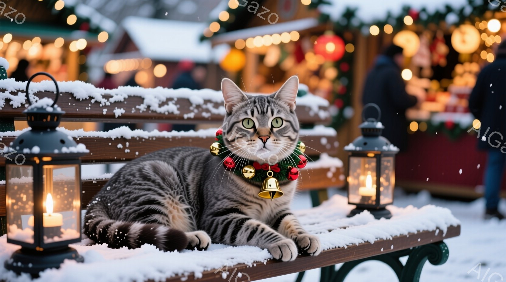 縞模様の猫が、雪で覆われたベンチにゆったりと横たわっています。赤い首輪にはクリスマスベルの飾りがあり、その表情はどこか余裕と自信に満ちています。背景にはクリスマスの飾り付けがされた建物や木々がぼやけて - AI生成フリー素材