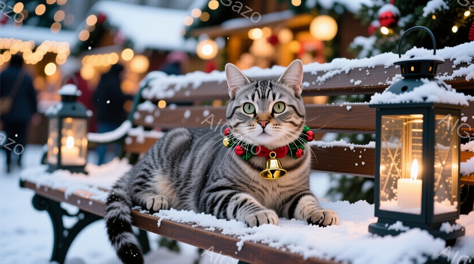 縞模様の猫が、雪で覆われたベンチに横たわっており、赤いリボンとベルが付いた首輪をしています。背景にはぼやけたクリスマスマーケットの光が輝き、雪が舞い散る冬の夜の雰囲気を醸し出しています。暖かく、お祝い - AI生成フリー素材