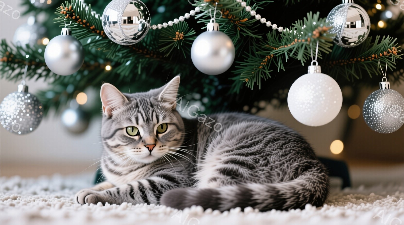 灰色の縞模様の猫が白いラグの上に横たわっており、リラックスした様子で正面を見つめている。背景にはクリスマスツリーが飾られ、銀色のオーナメントが輝いている。全体的に、暖かく、穏やかな冬の雰囲気が漂ってい - AI生成フリー素材