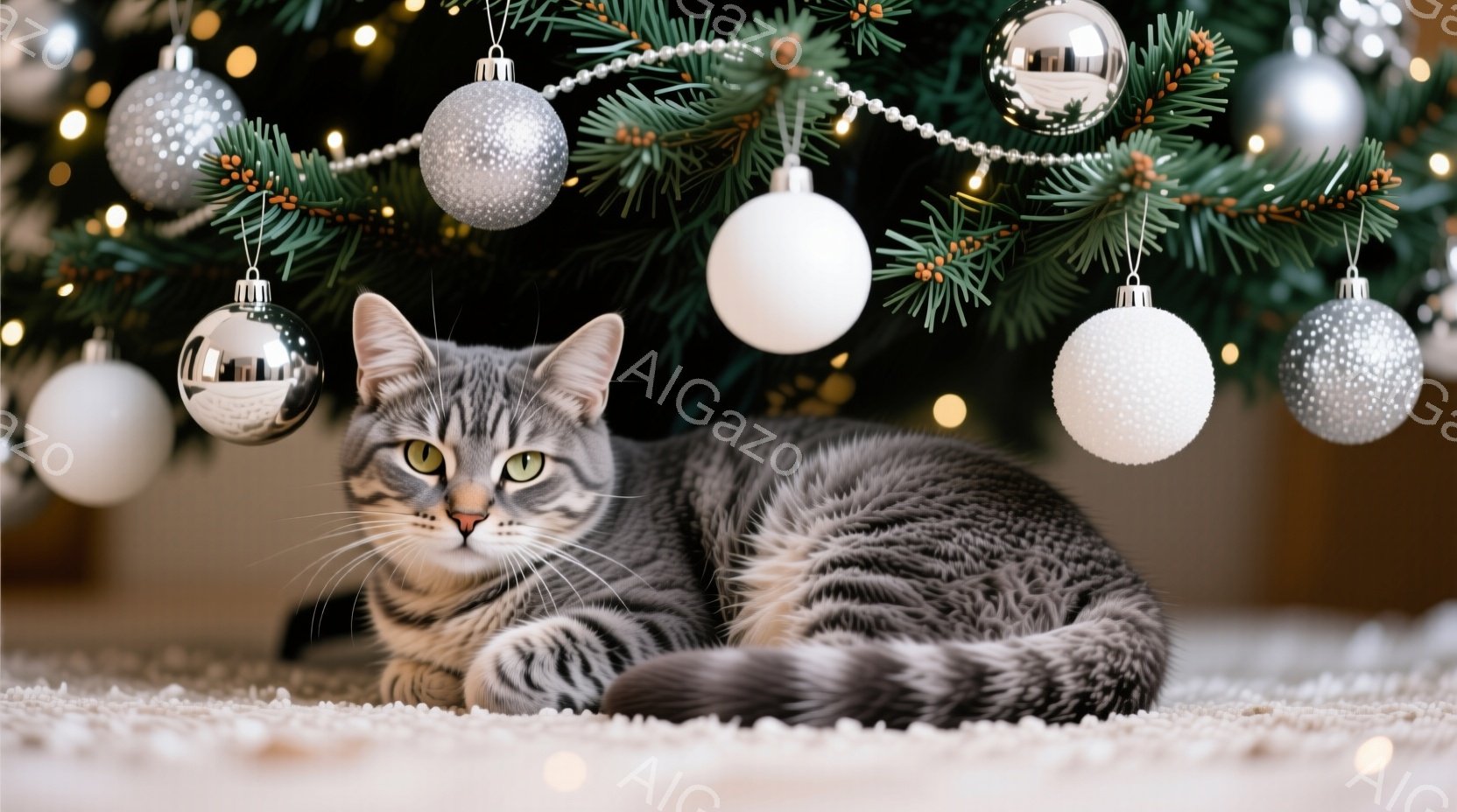 灰色の縞模様の猫が白いカーペットの上に横たわっており、緑色のクリスマスツリーの下にいます。猫はリラックスした表情でカメラを見つめ、その姿勢は静かで穏やかです。背景には、様々な色のオーナメントが飾られた - AI生成フリー素材