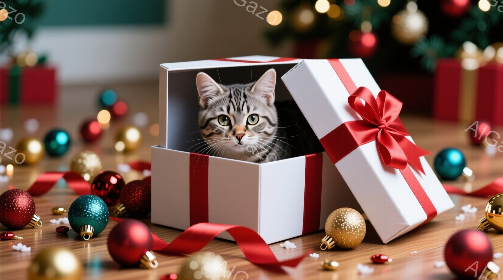 白いギフトボックスの中に、縞模様の可愛らしい子猫が顔を出している。赤いリボンがボックスに結ばれ、周りには赤や金、緑のクリスマスオーナメントが散らばっており、木製の床が暖かく照らされている。この光景は、 - AI生成フリー素材