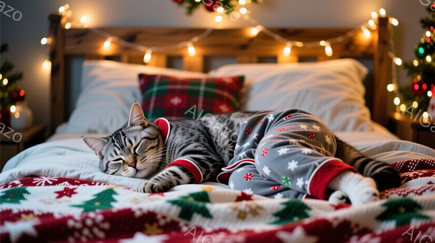 縞模様の猫が、クリスマス柄のパジャマを着てベッドの上で横たわっています。猫は目を閉じてリラックスしており、脚を伸ばしてうつ伏せになっています。背景には、クリスマスの飾りと電飾があり、暖かく居心地の良い - AI生成フリー素材