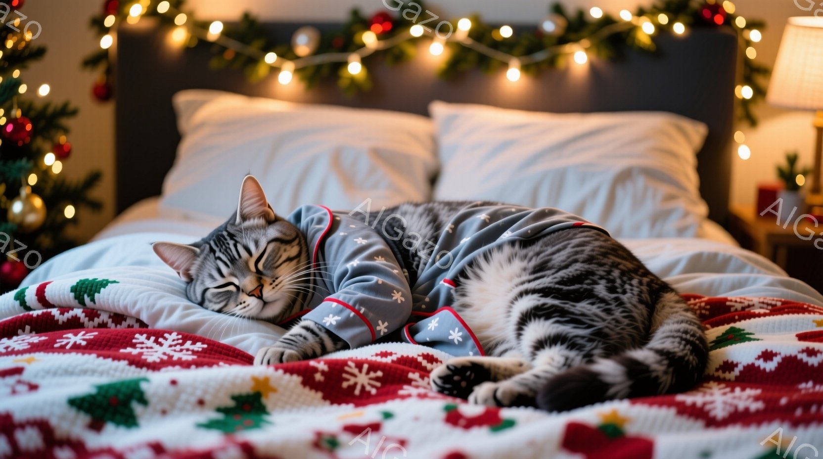 白とグレーの縞模様の猫が、クリスマスの柄の毛布の上に仰向けになって眠っています。猫は青いセーターを着ており、穏やかな表情で目を閉じてリラックスした様子です。背景にはクリスマスツリーの飾りや光がぼんやり - AI生成フリー素材