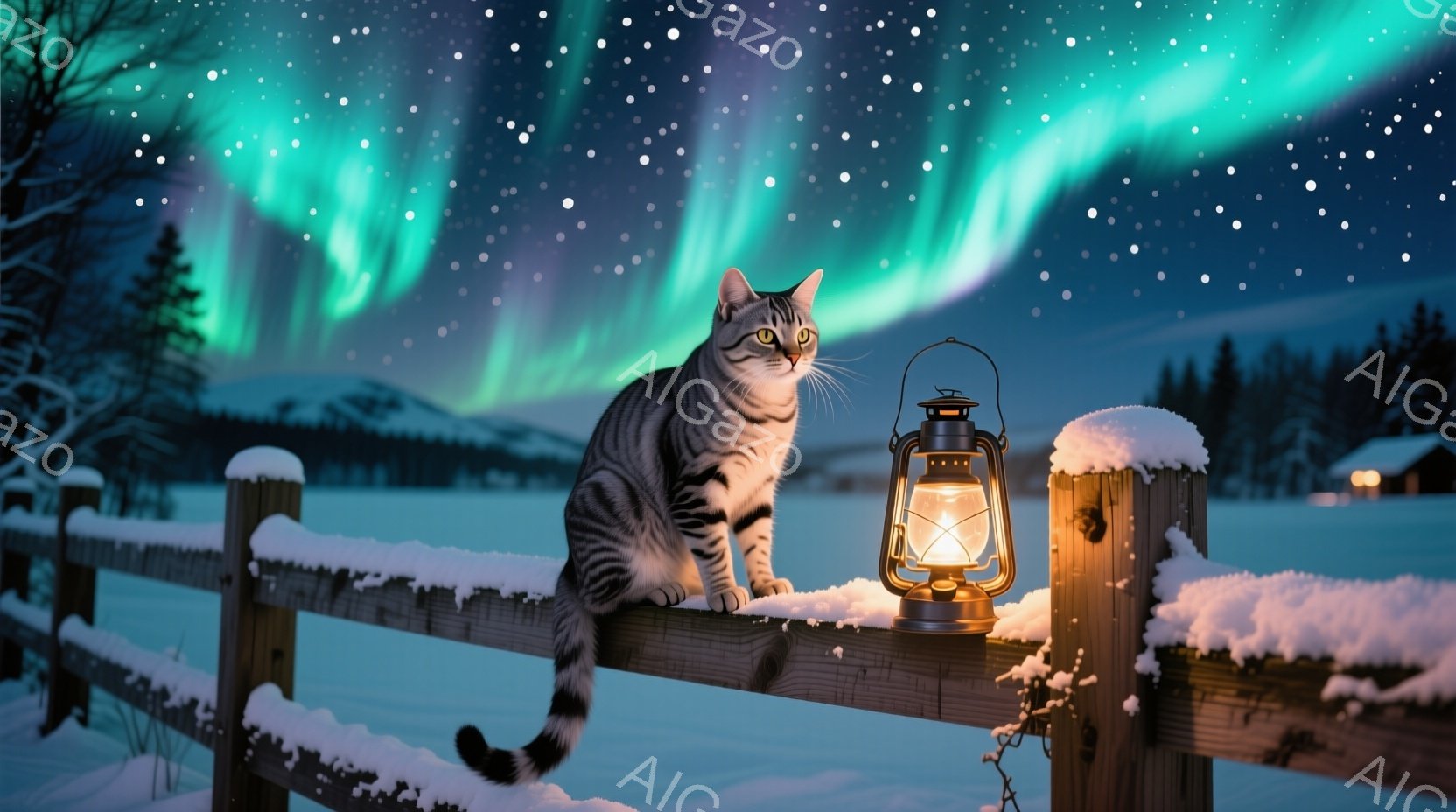 雪に覆われた木製の柵の上に、縞模様の猫が座っている。背景には、雪景色と遠くに見える家々、そして幻想的なオーロラが広がっている。暖かく光るランタンが猫の隣に置かれ、静かで神秘的な冬の夜の雰囲気を醸し出し - AI生成フリー素材