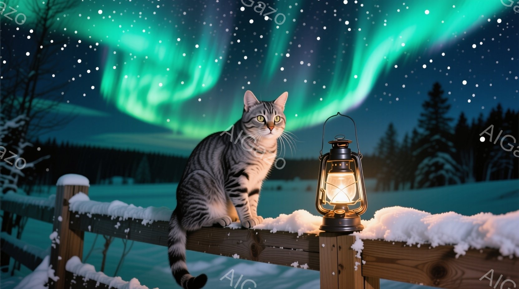 縞模様の猫が雪積もった木の柵の上に座って前を見つめています。背景には緑色のオーロラが広がり、雪景色の中に建物が見え、幻想的な冬の夜の雰囲気を醸し出しています。提灯が柵の上に置かれ、暖かく穏やかな光を放 - AI生成フリー素材