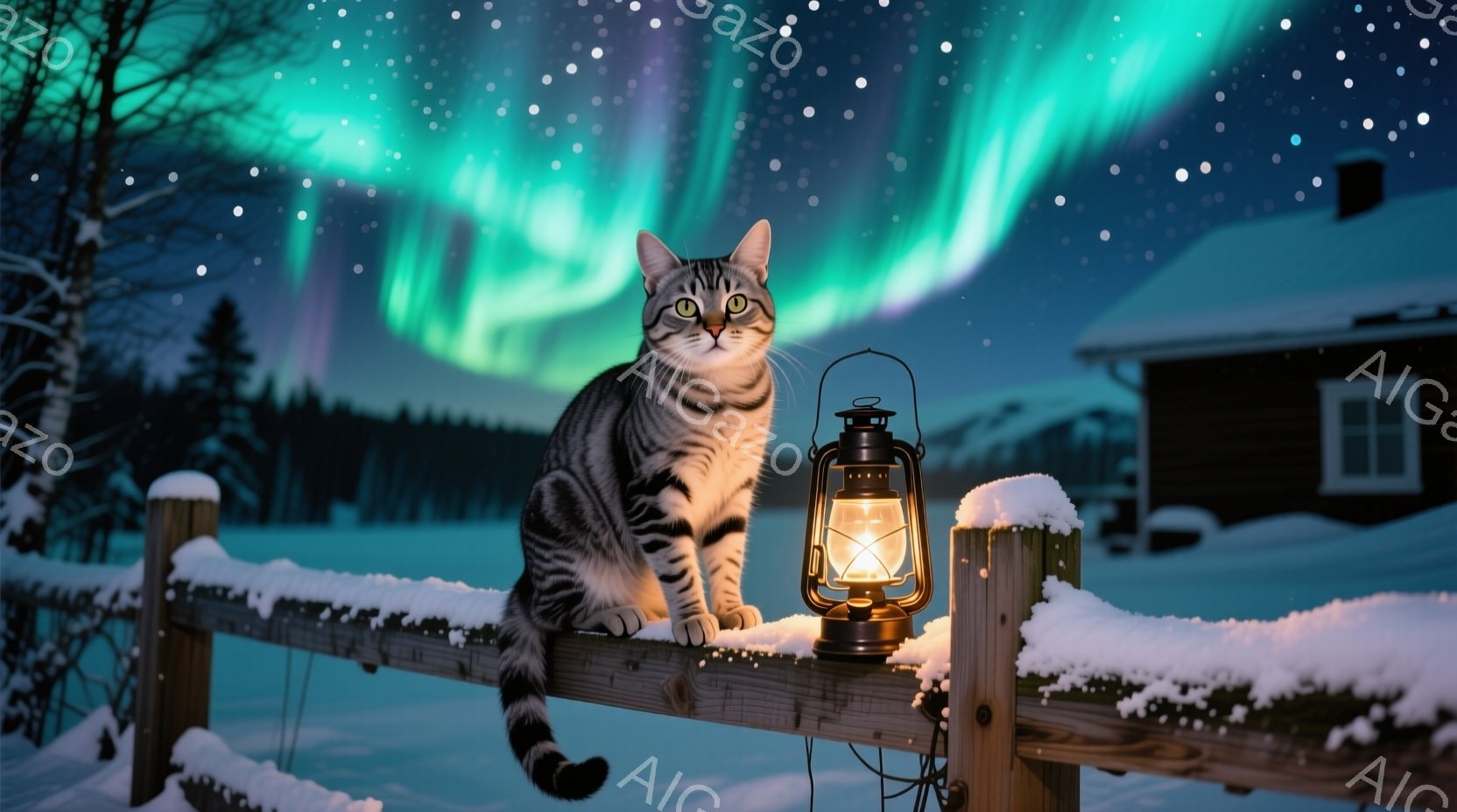 縞模様の猫が雪に覆われた木の柵に座り、前方をまっすぐ見つめています。背景には、雪に覆われた木々と小さな木造の家があり、鮮やかなオーロラが夜空を彩っています。全体的に、静かで幻想的な冬の雰囲気が漂ってい - AI生成フリー素材