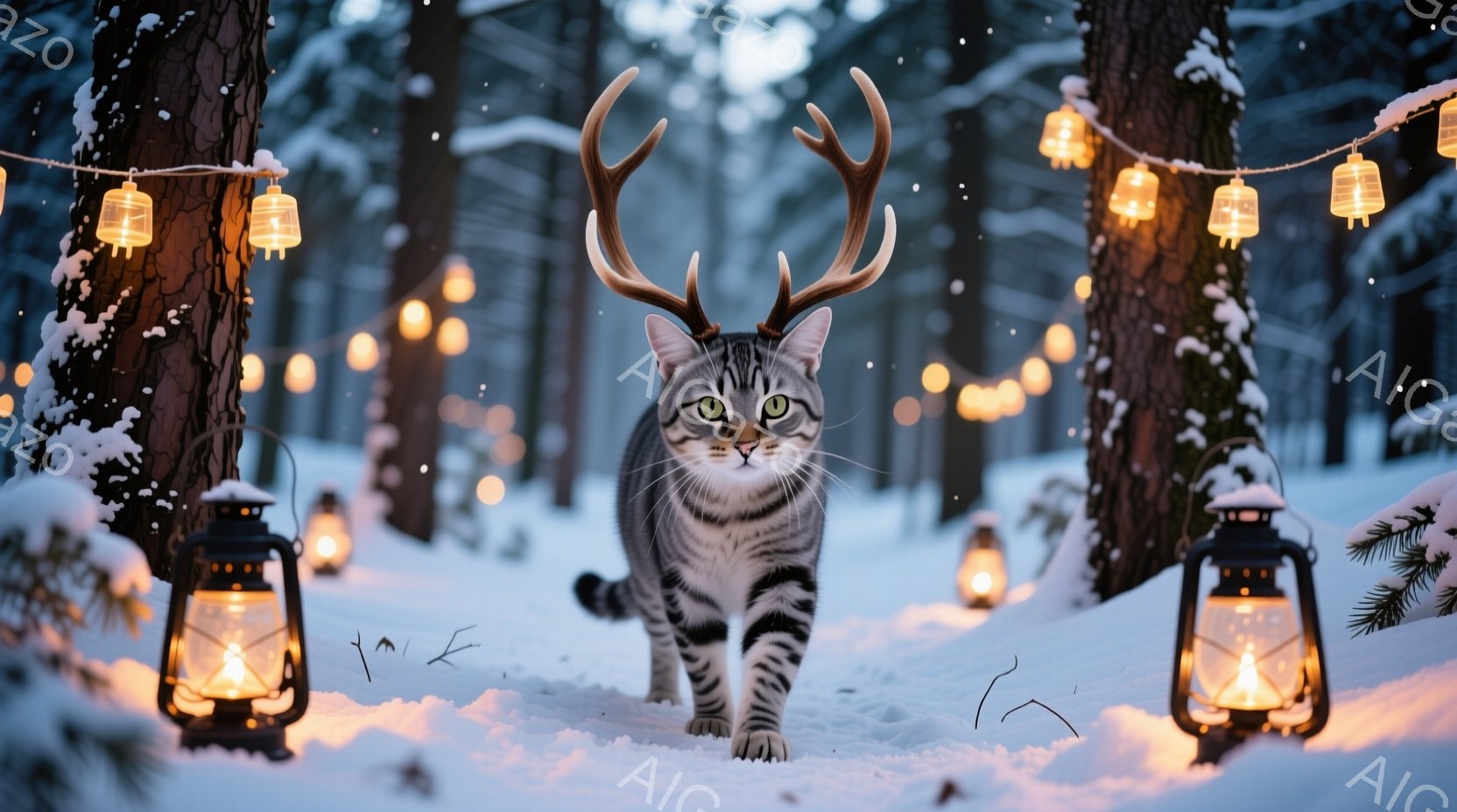 白い雪景色の中、縞模様の猫が角のような枝を頭に乗せてこちらへ歩いてくる。周りには点灯したランタンが置かれ、背景には雪をまとった木々が並び、幻想的な冬の雰囲気を醸し出している。猫は落ち着いた表情で、まる - AI生成フリー素材