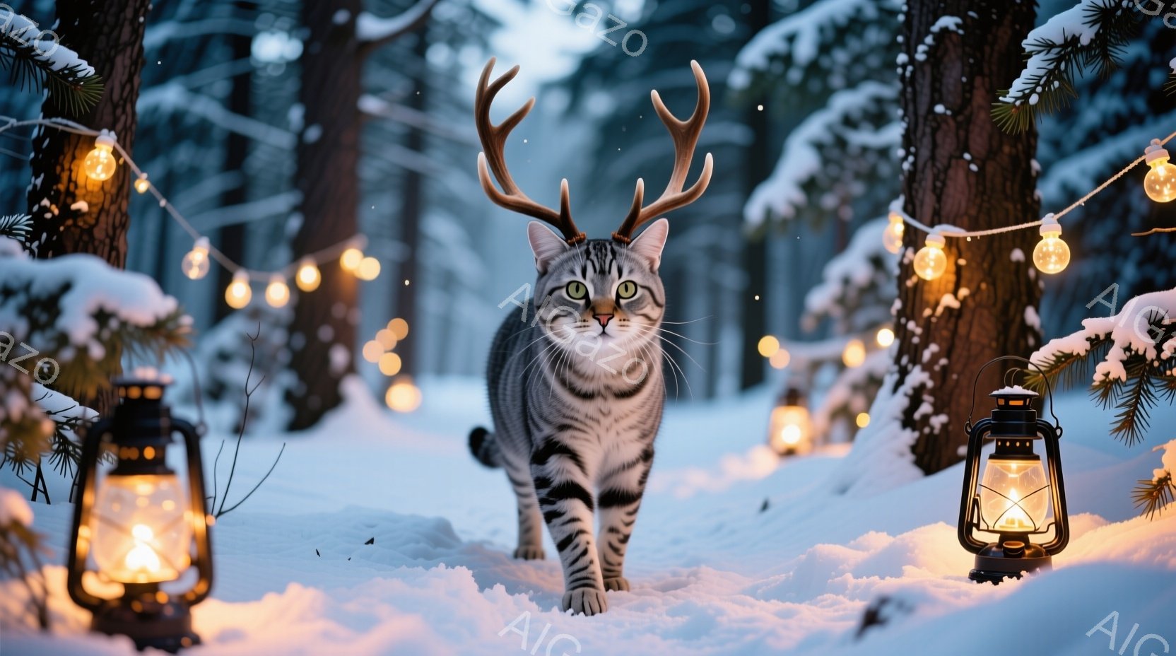 白い雪景色の中に、角を持つ縞模様の猫が悠々と歩いている。周りには点灯されたランタンが置かれ、頭上には電飾が飾られており、幻想的な雰囲気を醸し出している。雪が降る冬の森を背景に、猫は自信に満ちた表情でこ - AI生成フリー素材