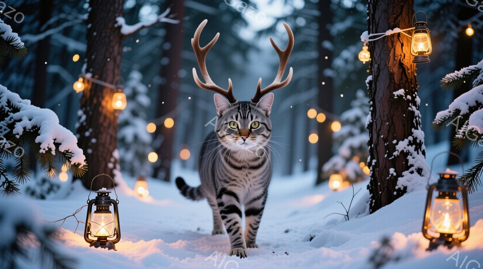 縞模様の猫が雪景色の中を堂々と歩いている。頭には角が生えており、まるで森の精霊のような神秘的な姿である。背景には雪に覆われた木々と、温かい光を放つランタンが散りばめられ、幻想的な雰囲気を醸し出している。