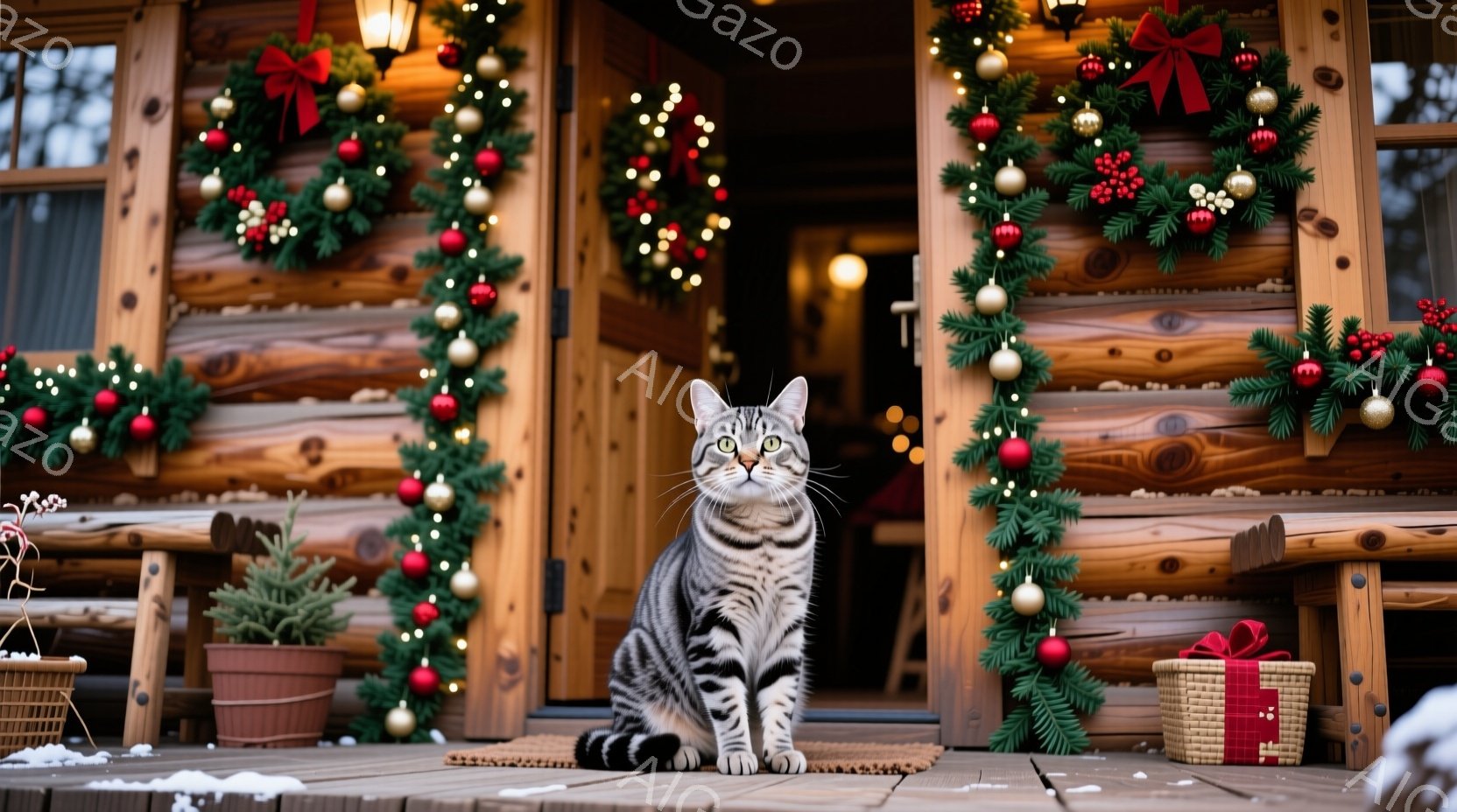 灰色の縞模様の猫が、クリスマスの飾り付けが施された木の家の前に座っています。背景には、赤い実と金色のボールで飾られた緑のガーランド、そして雪がちらつく冬の風景が見えます。全体的に、暖かく、お祝いの雰囲 - AI生成フリー素材