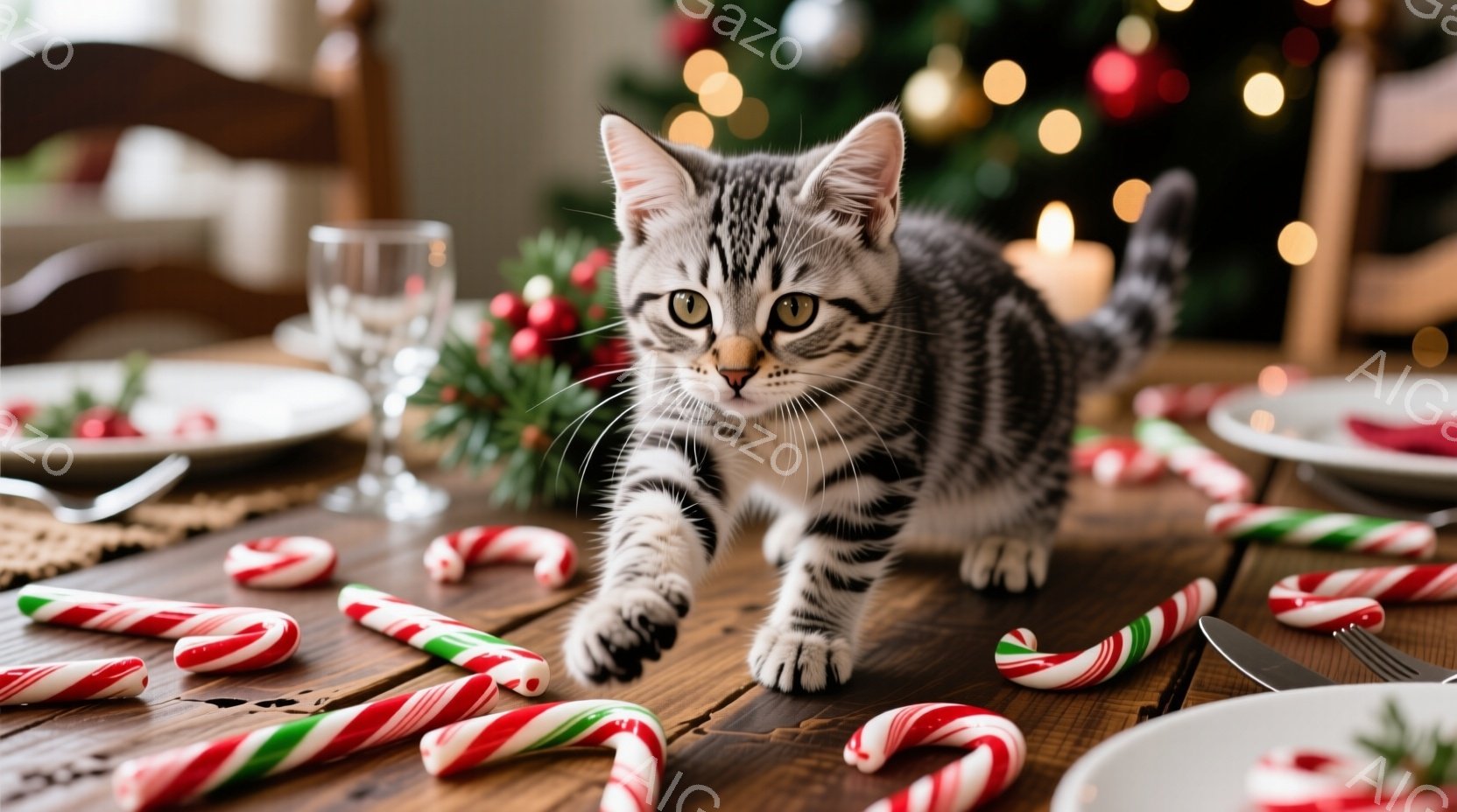 テーブルの上を、縞模様の小さな子猫が正面を見据えながら歩いています。周りには赤と緑のキャンディケーンが散らばり、背景にはクリスマスツリーのぼやけた光が灯っています。暖かく、遊び心のある、お祭りの雰囲気 - AI生成フリー素材