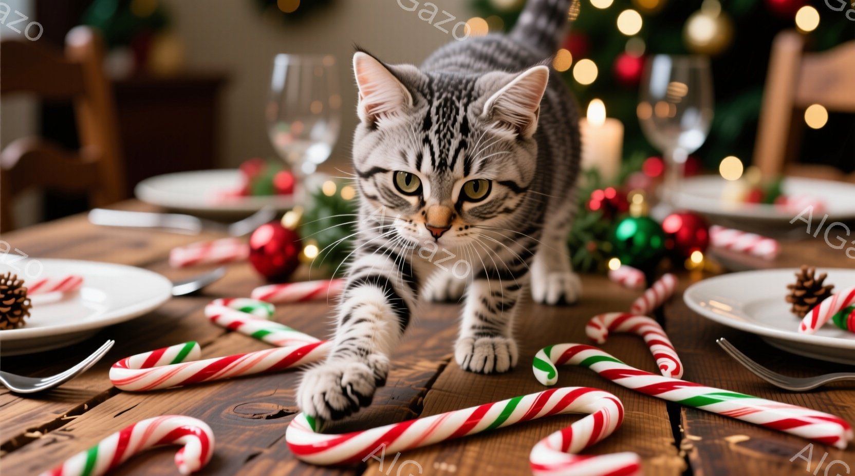 縞模様の小さな子猫が、クリスマスの装飾が施されたテーブルの上で、キャンディケーンに手を伸ばそうとしています。背景にはぼやけたクリスマスツリーが見え、温かい光がテーブル全体を照らしています。全体的に、遊 - AI生成フリー素材