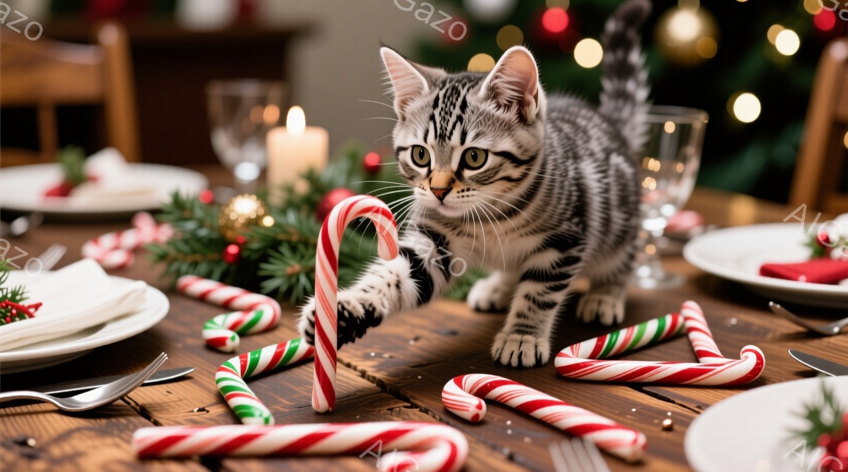 茶色の木製のテーブルの上に、かわいらしい縞模様の子猫がキャンディケーンと戯れています。テーブルにはクリスマスツリーの飾りやキャンドルが置かれ、お祝いの雰囲気です。子猫は前足を伸ばし、キャンディケーンを軽く押さえており、遊び心にあふれた表情をしています。