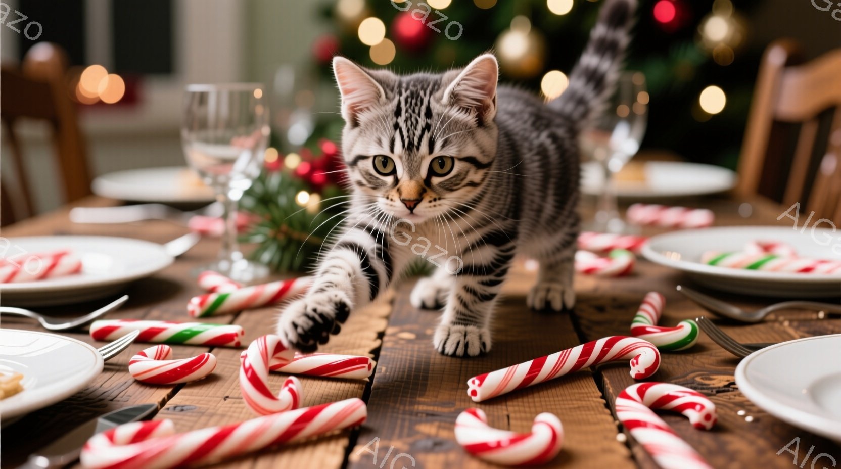 茶色い木のテーブルの上に、縞模様の小さな子猫が歩いています。テーブルにはキャンディケーンや食器が散らばっており、背景にはぼやけたクリスマスツリーが見えます。全体的に、温かく、遊び心のある、お祝いの雰囲 - AI生成フリー素材