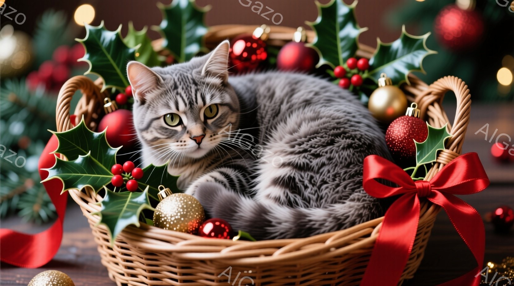 籠の中に灰色の縞模様の猫が丸まって座っており、リラックスした表情でこちらを見ている。籠はクリスマス装飾、特に赤い実の付いた葉や金と赤のオーナメントで飾られており、赤いリボンが結ばれている。背景はぼやけ - AI生成フリー素材