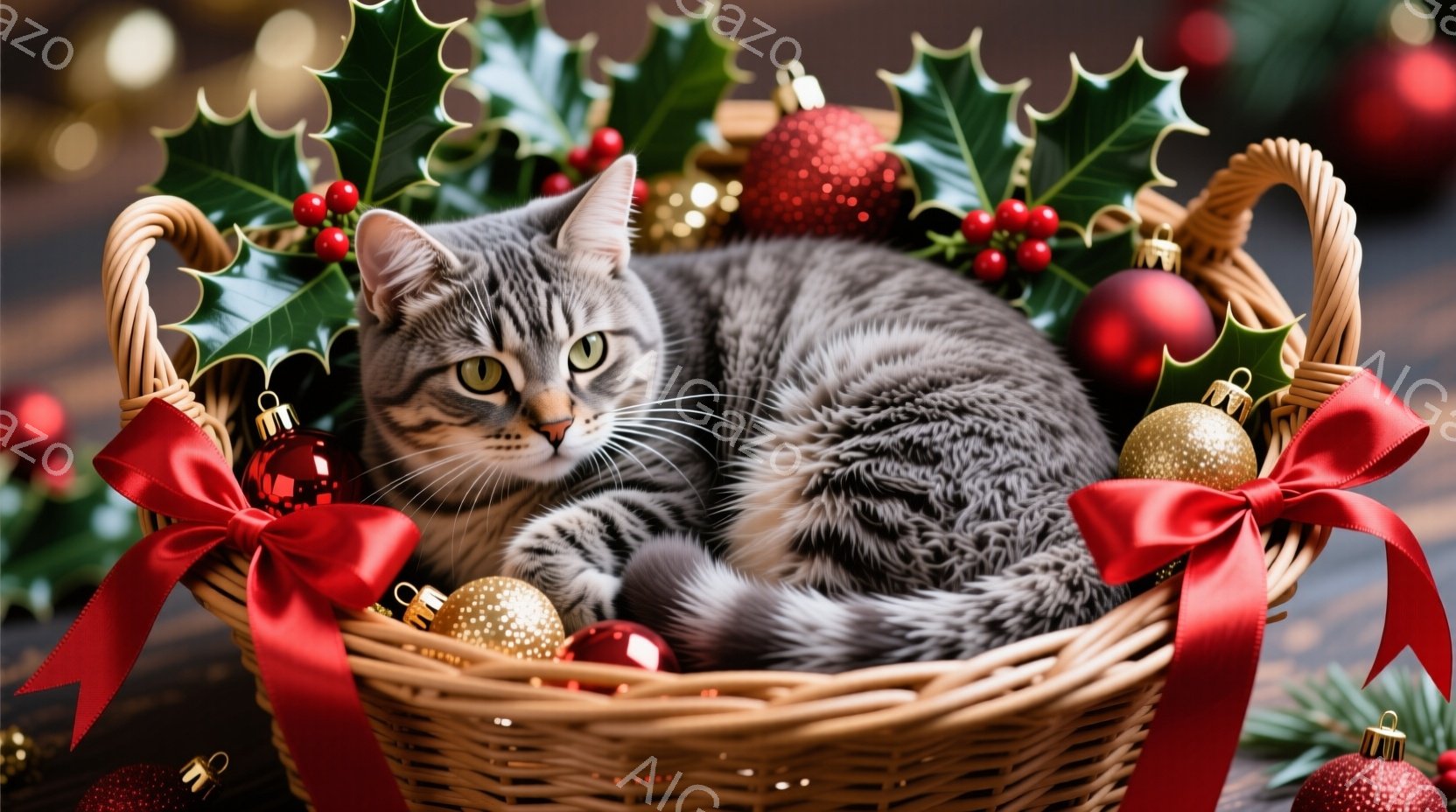 籠の中に、縞模様のグレーの猫が丸まってリラックスして眠っています。籠は赤いリボンと金色のオーナメントで飾られており、背景にはクリスマスツリーの飾りや緑の葉が散りばめられています。暖かく、お祝いの雰囲気 - AI生成フリー素材