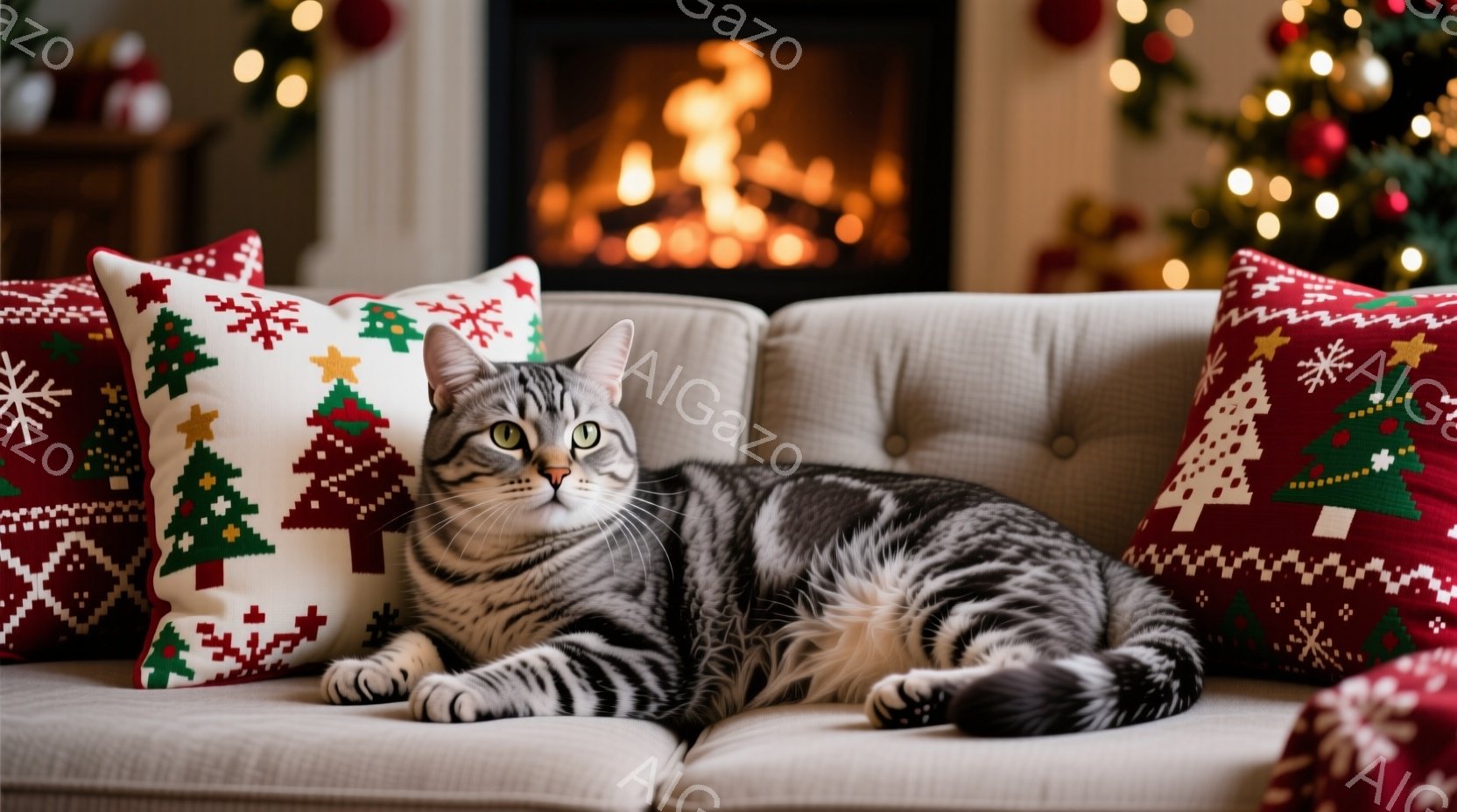 灰色の縞模様の猫が、クリスマスの柄のクッションが置かれたクリーム色のソファに横たわっています。猫はリラックスした表情でカメラを見つめており、穏やかで居心地の良い雰囲気を醸し出しています。背景には暖炉の - AI生成フリー素材