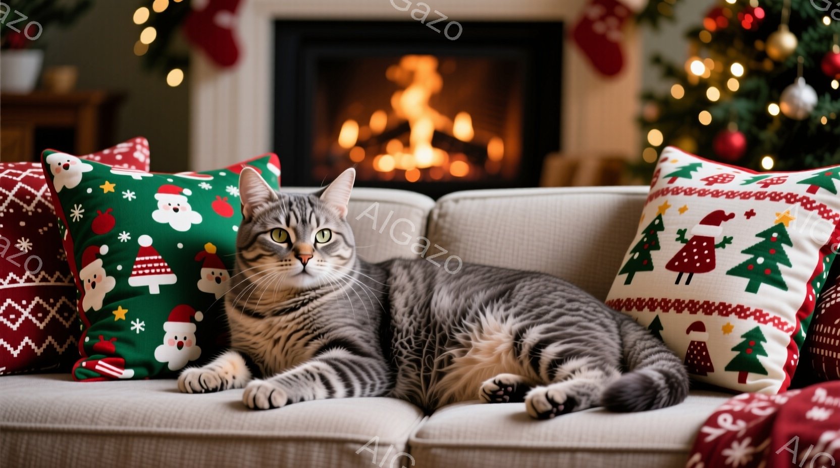 縞模様の猫が、クリスマスの柄のクッションに囲まれた白いソファに横たわっています。猫はリラックスした様子で、カメラの方を見て穏やかな表情を浮かべています。背景には、クリスマスツリーや暖炉が見え、暖かく穏 - AI生成フリー素材