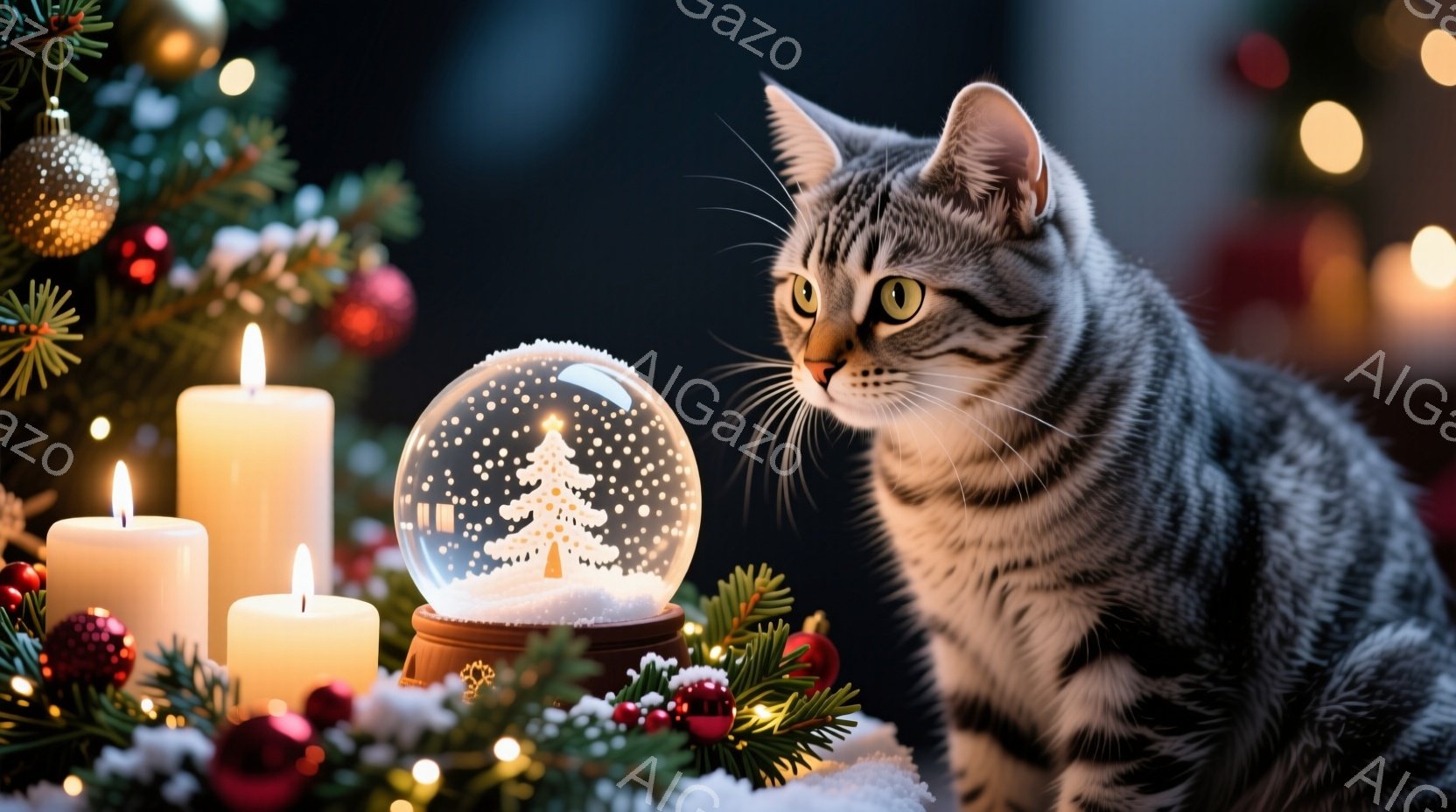 クリスマスの飾り付けられた背景を背景に、雪の結晶が入ったガラスのオーナメントを見つめる灰色の縞模様の猫が写っています。猫は興味深そうにオーナメントを見つめ、背景には光るキャンドルやクリスマスツリーの枝が散りばめられています。全体的に、暖かく、お祝いの雰囲気で、冬の季節感を漂わせています。