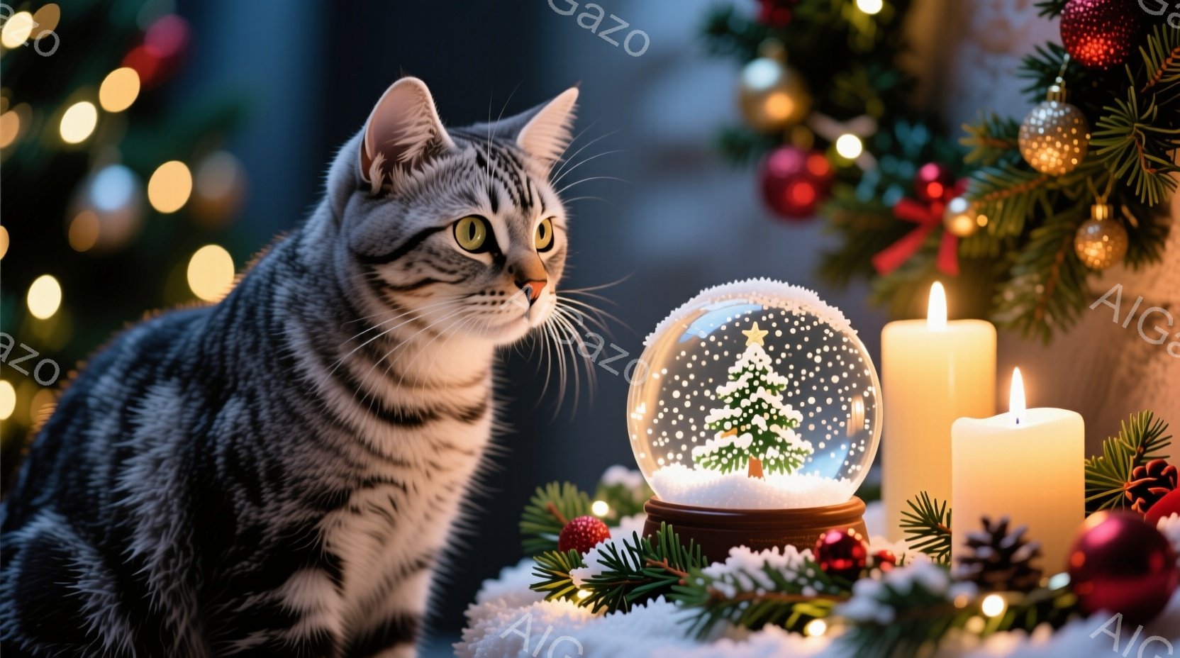 縞模様の猫が、雪の結晶で飾られたテーブルの上に座り、少し興味深そうに前方を見つめている。背景には、点灯したクリスマスツリーのぼやけた光と、雪の降る様子を模した装飾、そして温かい光を放つキャンドルが配置 - AI生成フリー素材