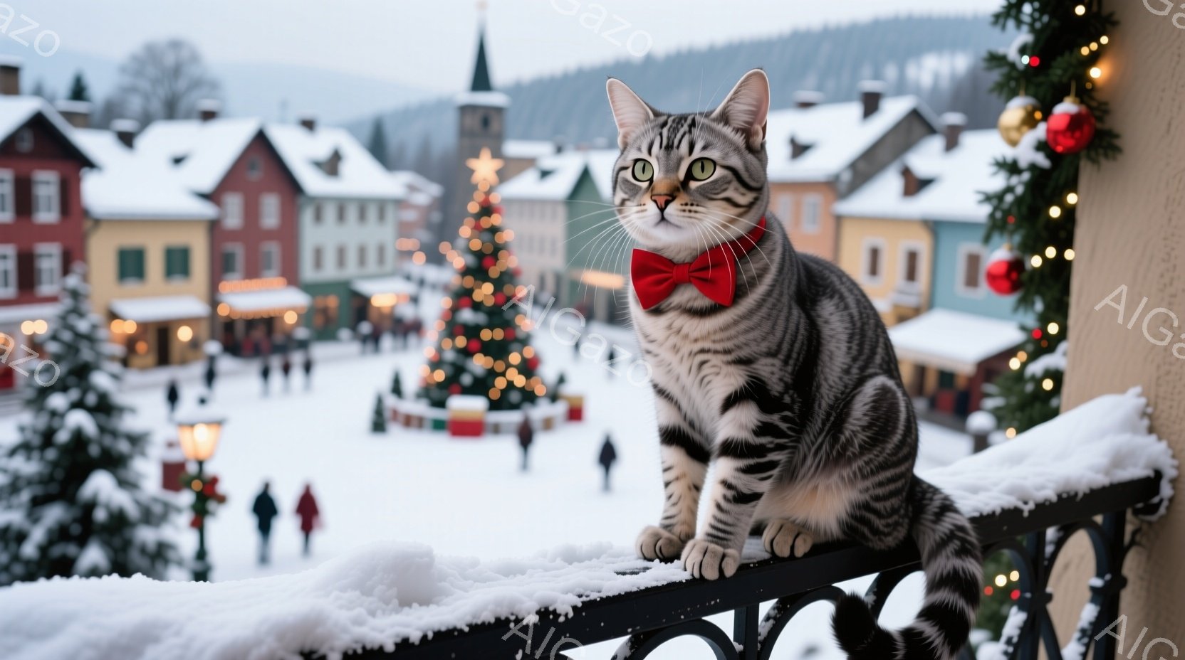 白地に灰色の縞模様の猫が、赤い蝶ネクタイをつけ、黒い手すりの上に座ってこちらを見ている。背景には、雪に覆われた可愛らしい建物が並び、クリスマスツリーが飾られた賑やかな冬の風景が広がっている。全体的に、 - AI生成フリー素材