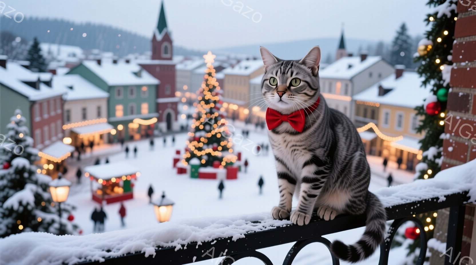 縞模様の猫が赤い蝶ネクタイをつけ、雪が積もった手すりに座ってこちらを見ています。背景にはクリスマスの装飾が施された建物が並び、雪が舞い散る冬の祭りのような賑やかな雰囲気です。温かい光が灯り、穏やかで幻 - AI生成フリー素材