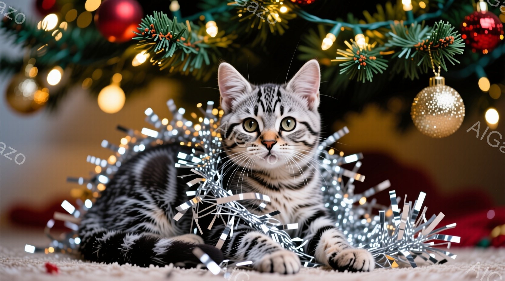 白地に黒の縞模様の愛らしい子猫が、銀色のキラキラした飾りの中に横たわっています。子猫は前足を伸ばし、リラックスした様子で、好奇心旺盛な表情でカメラを見つめています。背景にはクリスマスツリーの緑と、赤や - AI生成フリー素材