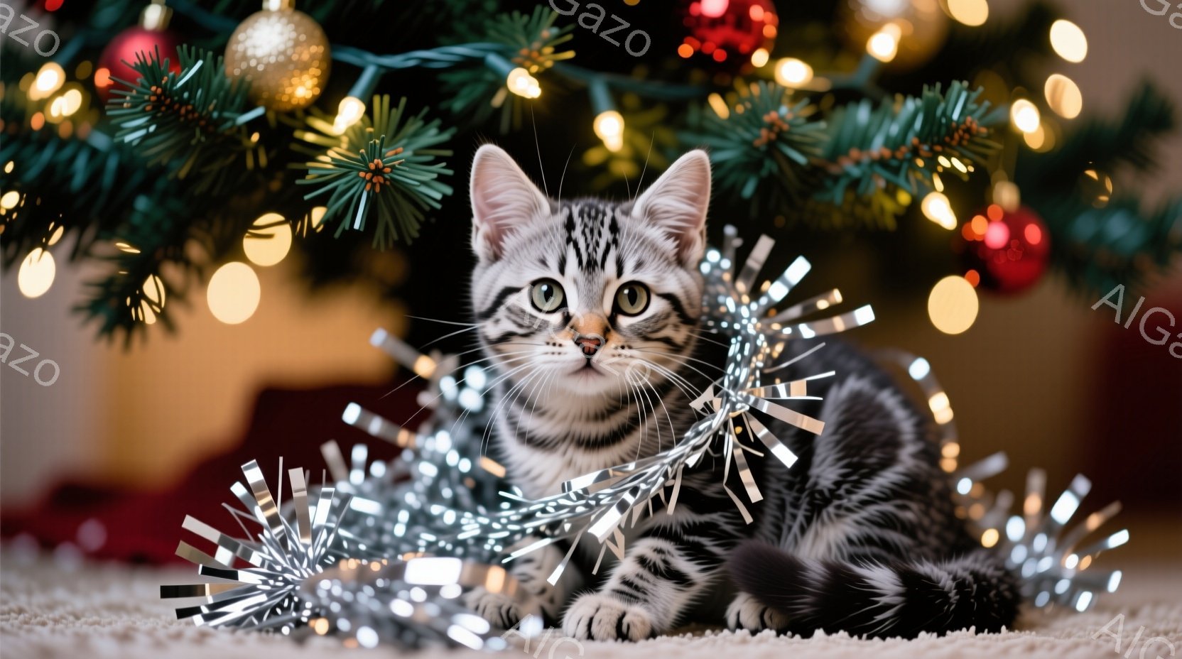 白と黒の縞模様の小さな子猫が、クリスマスツリーの足元で銀色のガーランドにじゃれついている。子猫は丸く体を丸め、好奇心と遊び心に満ちた表情でカメラを見つめている。背景には緑豊かなクリスマスツリーと、暖か - AI生成フリー素材