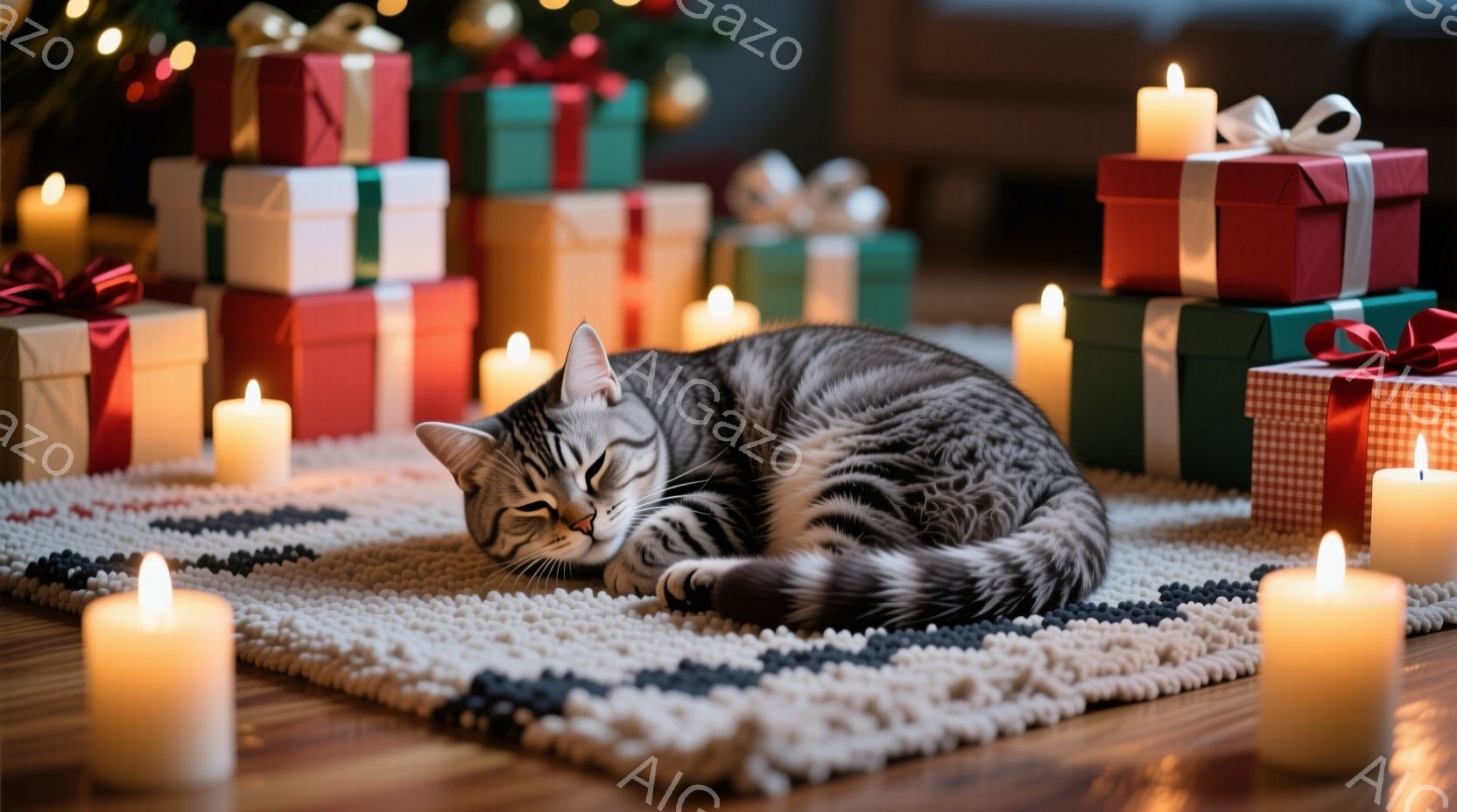 縞模様の猫が、手編みの様な白いラグの上に丸まって眠っています。背景には、赤や緑のリボンで飾られたプレゼントの山が積み上げられ、周囲には温かい光を放つキャンドルが置かれています。全体的に、温かく、穏やか - AI生成フリー素材