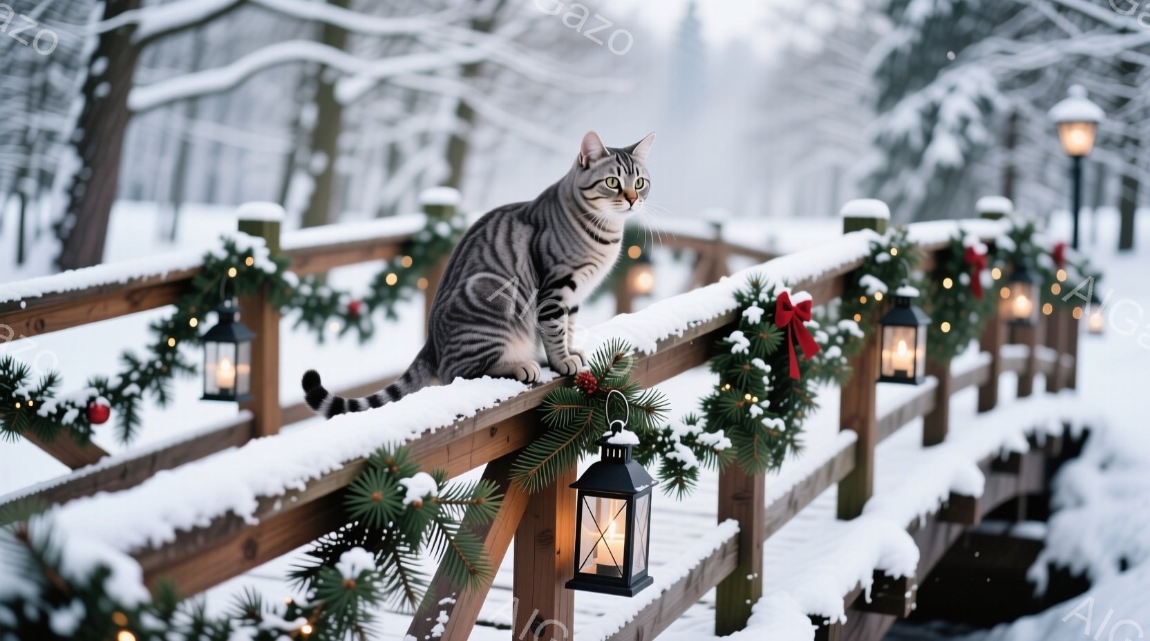 白い雪に覆われた木製の柵の上に、灰色の縞模様の猫が座っています。柵にはクリスマスリースと点灯したランタンが飾られ、背景には雪に覆われた木々と穏やかな冬の風景が広がっています。暖かく穏やかなクリスマスの - AI生成フリー素材