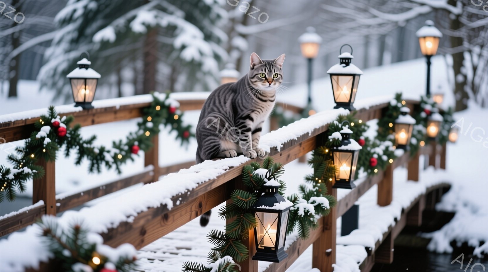 霜で覆われた木製の橋の上には、美しい縞模様の猫が座っています。橋の欄干には、赤い実のついた常緑樹の飾りと、温かい光を放つ提灯が並び、冬の穏やかな雰囲気を醸し出しています。背景には雪景色が広がり、静かで幻想的な冬の風景が広がっています。
