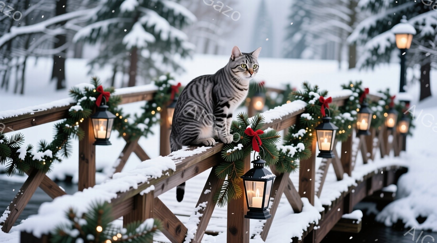 雪が降る木製の橋の上に、縞模様の猫が座ってこちらを見ている。橋にはクリスマスツリーの飾りと赤いリボン、そして灯りがともったランタンが並べられ、冬の暖かい雰囲気を醸し出している。背景には雪で覆われた木々が見え、幻想的な冬景色が広がっている。