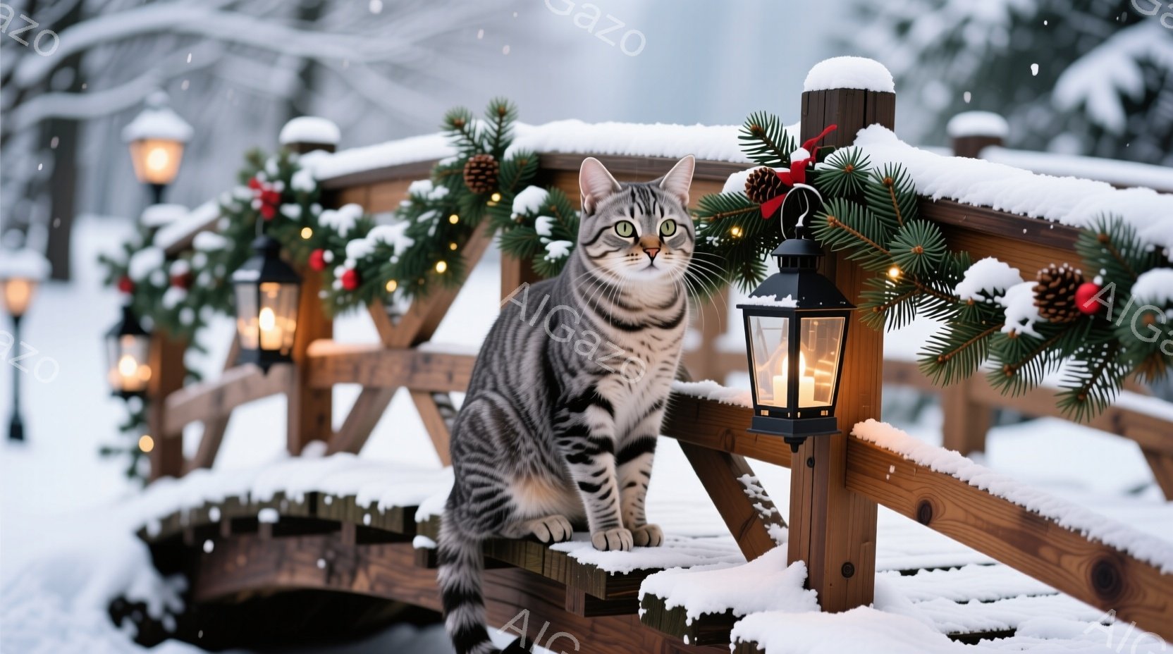 白とグレーの縞模様の猫が、雪に覆われた木製の橋の上で座ってこちらを見ています。橋はクリスマスツリーの飾りで飾られ、周囲は雪景色で、遠くには雪の降る木々が見えます。全体的に、冬の暖かくお祝いの雰囲気で、猫の落ち着いた視線が魅力的な印象を与えます。