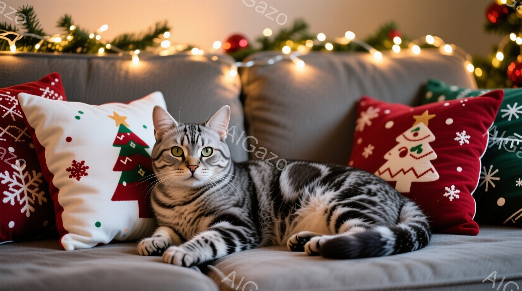 灰色の縞模様の猫が、クリスマス柄のクッションに囲まれた灰色のソファに横たわっています。猫はリラックスした表情で、片方の前足を伸ばし、カメラの方を見ています。背景にはクリスマスツリーの飾りと光のストリン - AI生成フリー素材