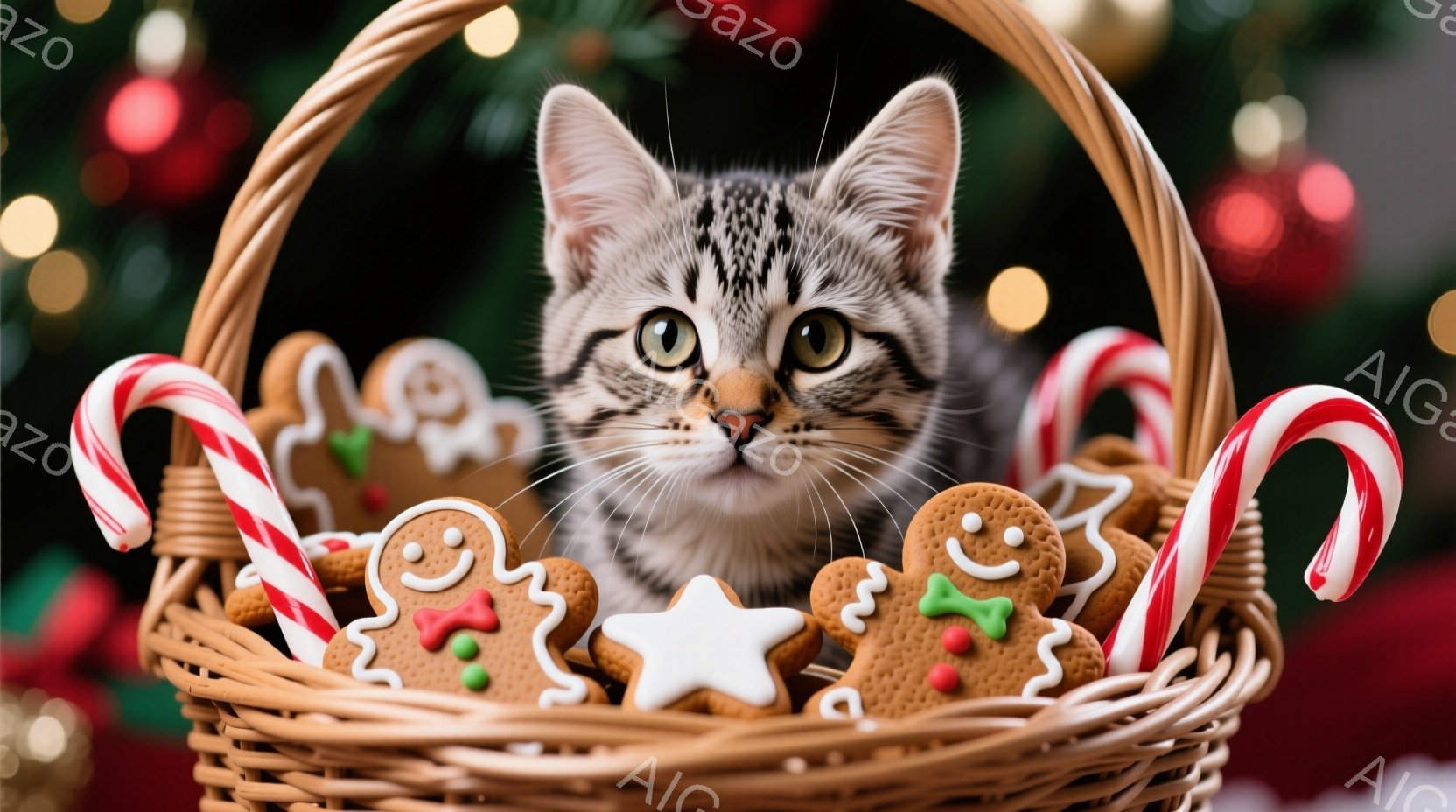 籠の中に、縞模様の子猫が可愛らしく顔を出しています。周りにはジンジャーブレッドクッキーやキャンディケーンが散りばめられており、クリスマスの雰囲気を演出しています。背景はぼやけたクリスマスツリーと装飾で - AI生成フリー素材