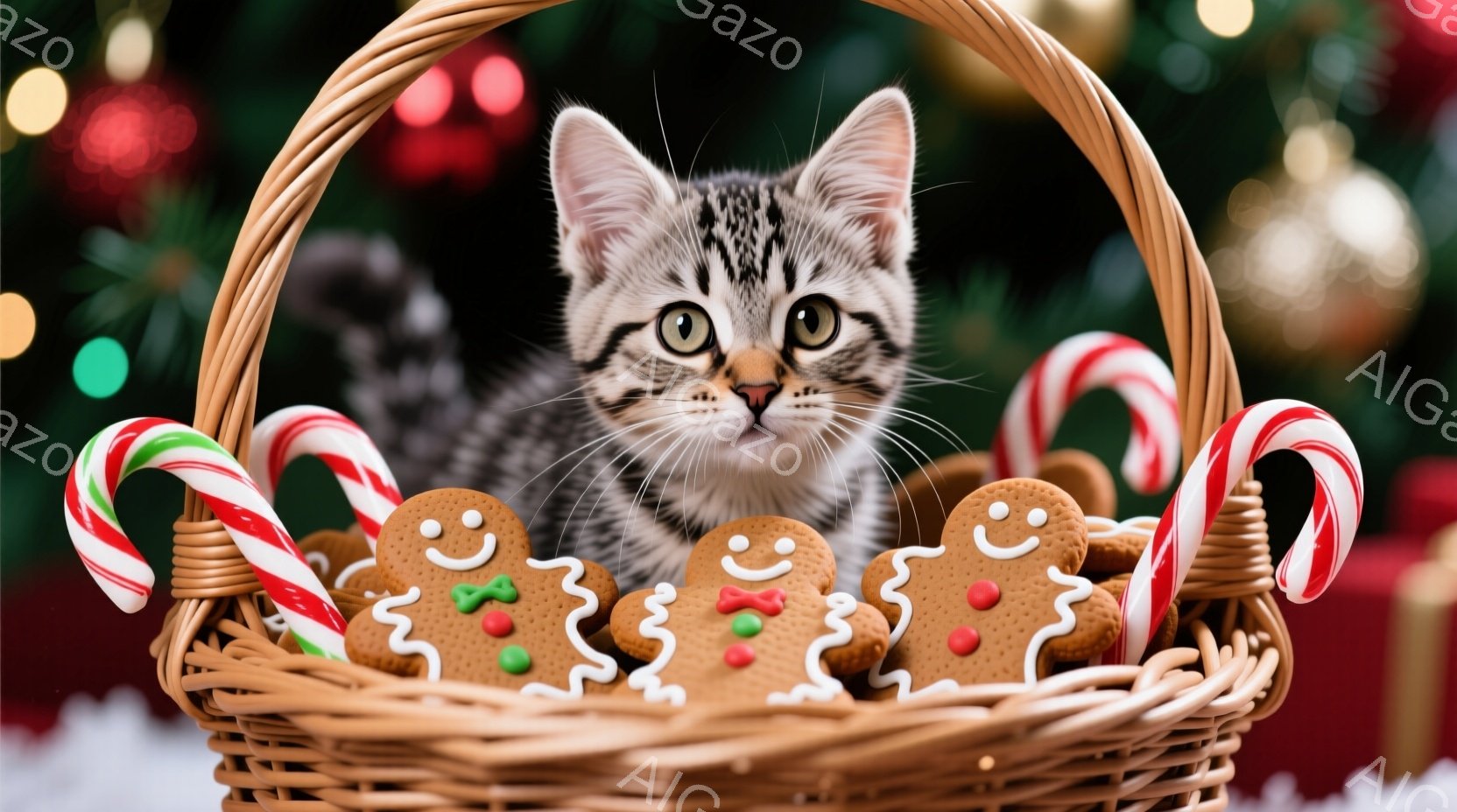 籠の中に、縞模様の可愛らしい子猫が座っており、大きな緑色の目で見つめています。籠の中には、クリスマスのジンジャーブレッドマンとキャンディケーンが並べられており、背景にはぼやけたクリスマスツリーの飾りが - AI生成フリー素材