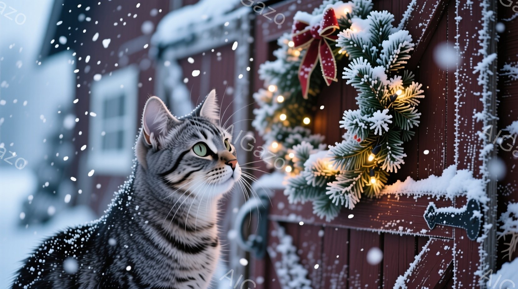 縞模様の猫が雪の降る赤い木のドアの近くで上を見ている。ドアには、赤いリボンと点灯した電球で飾られたクリスマスリースが飾られており、雪が舞い散っている。全体的に暖かく、冬の穏やかな雰囲気が漂っている。 - AI生成フリー素材