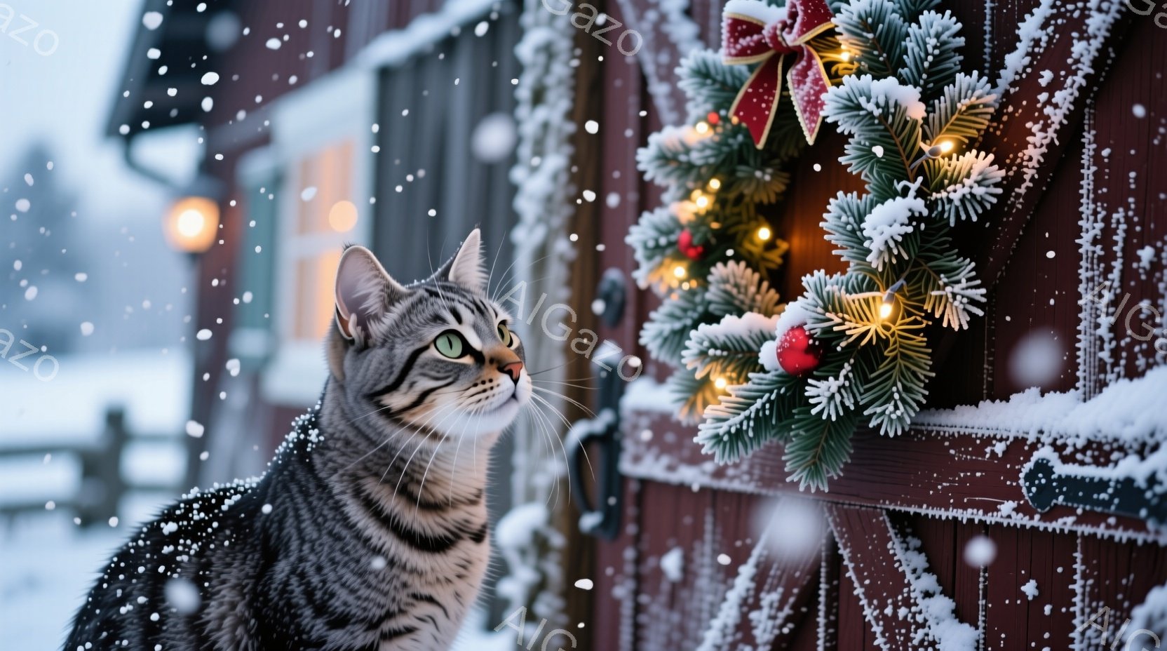 雪が降る真夜中のシーンを表すように見えます。 その中で、白と黒のタイガースキンの家猫が尖った耳を持ち、目を閉じて雪が舞う屋根から雪片が沿いを落としているように見えます。 その表情は、不思議な瞑きであり、それは冬の夜の様子を感じさせるものです。