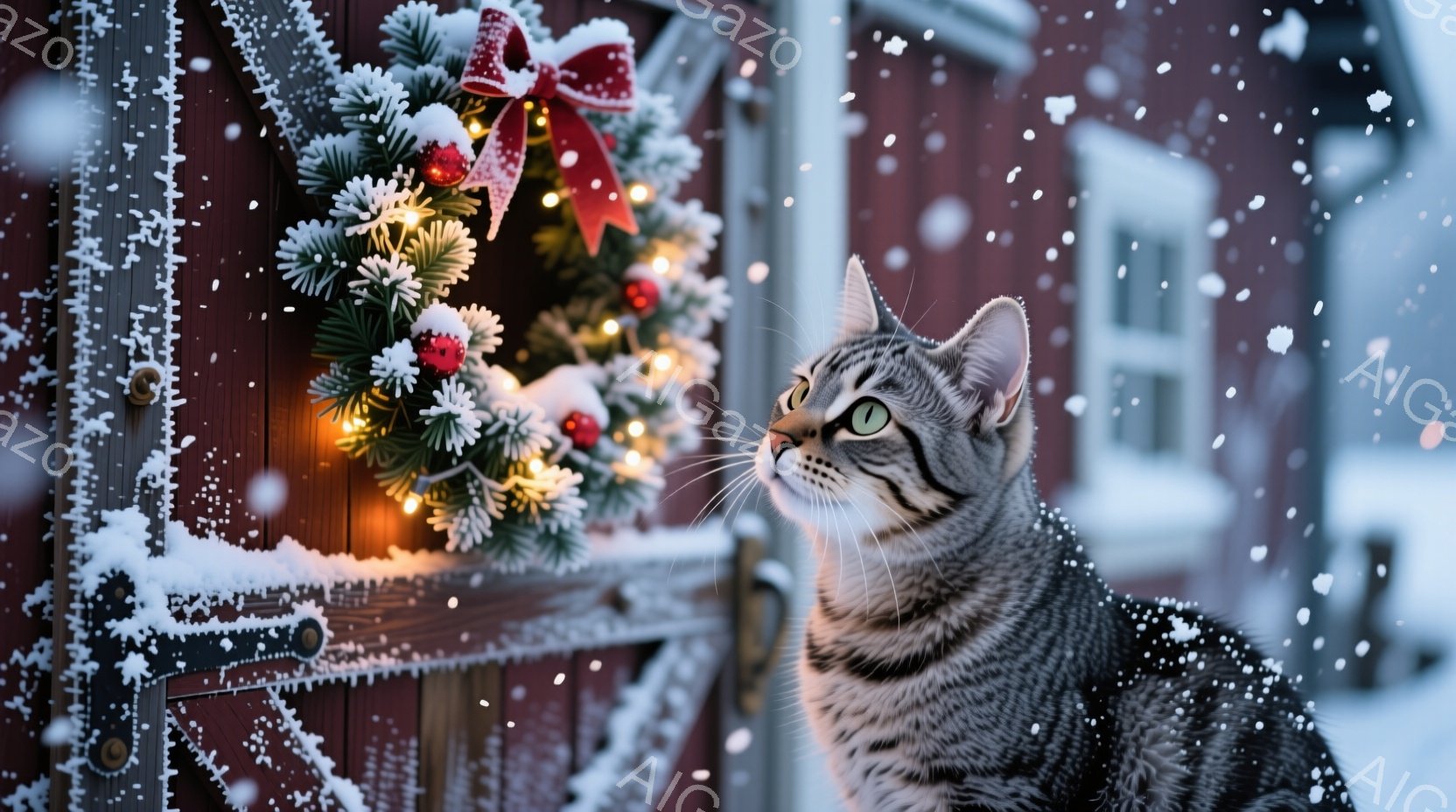 縞模様の猫が、雪が積もった赤い木製のドアに取り付けられたクリスマスリースを見上げています。猫は毛並みが美しく、興味津々な表情で、雪が舞う冬の日に穏やかな雰囲気を醸し出しています。背景には、雪に覆われた - AI生成フリー素材