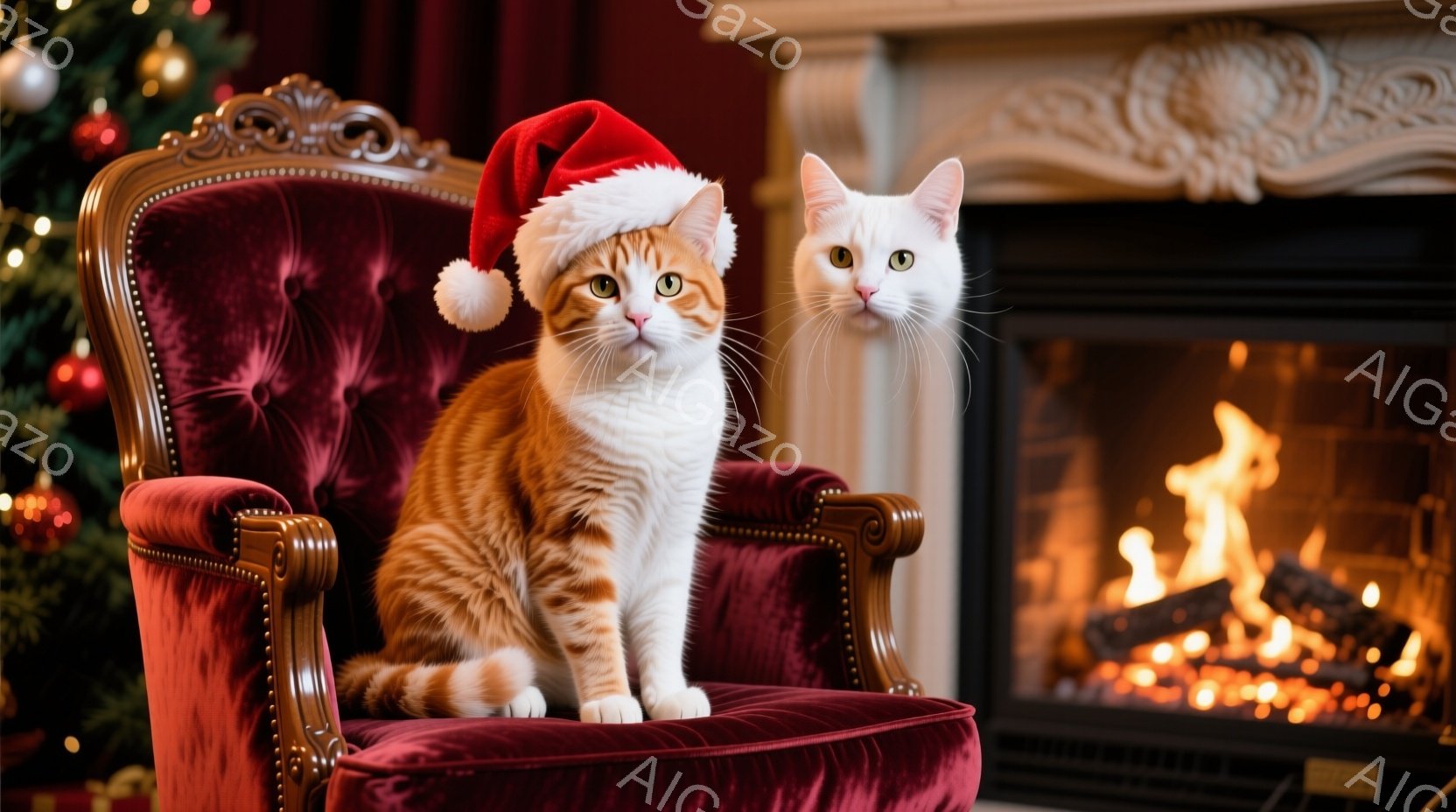 本画像は、クリスマステーマを持つ写真です。中心には、オランジと白のタブbyキャットが座っており、その前に白と黒のタブbyキャットがいます。両方のキャットは、サンタハットを着ており、表情も親切で優しく見えます。背景には、ファイアプレースとクリスマスツリーがあり、温かい雰囲気が醸している写真です。