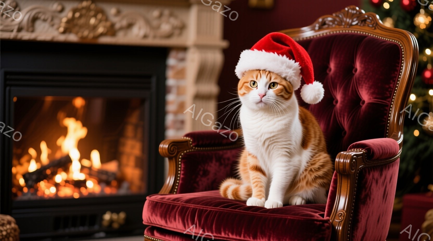 オレンジと白の毛並みの猫が、赤いベルベットの肘掛け椅子に座っており、頭にはサンタ帽をかぶっています。猫は正面をまっすぐ見つめ、落ち着いた表情で、背景には暖炉の炎とクリスマスの装飾がぼやけて見えます。全体として、暖かく、お祝いの雰囲気を感じさせる、冬の風景です。
