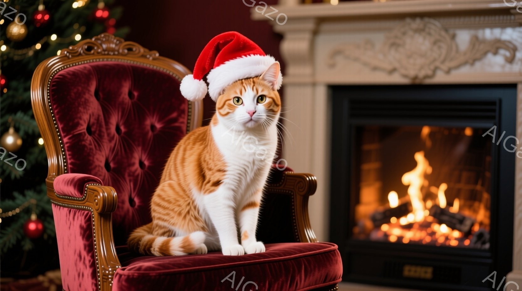 鮮やかなオレンジと白の毛並みを持つ猫が、豪華な赤いベルベットの肘掛け椅子に座っています。頭にはクリスマスサンタの帽子がちょこんと乗せられ、少し疑わしげな表情で正面を見つめています。背景にはクリスマスの飾り付けがされた木と暖炉があり、暖かく、お祝いの雰囲気が漂っています。