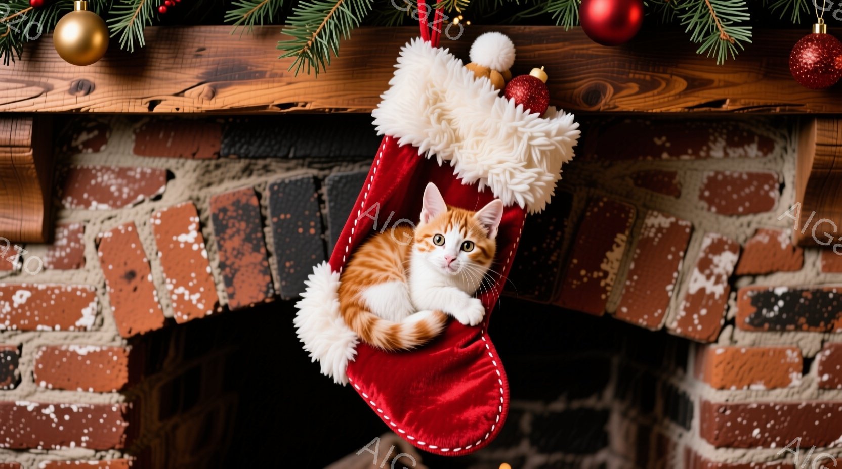 赤いクリスマスストッキングの中に、オレンジと白の毛並みを持つ子猫が丸まって眠っている様子が写っている。ストッキングは白い毛皮で縁取られており、クリスマスの飾りと共に暖炉の棚に掛けられている。背景はレン - AI生成フリー素材