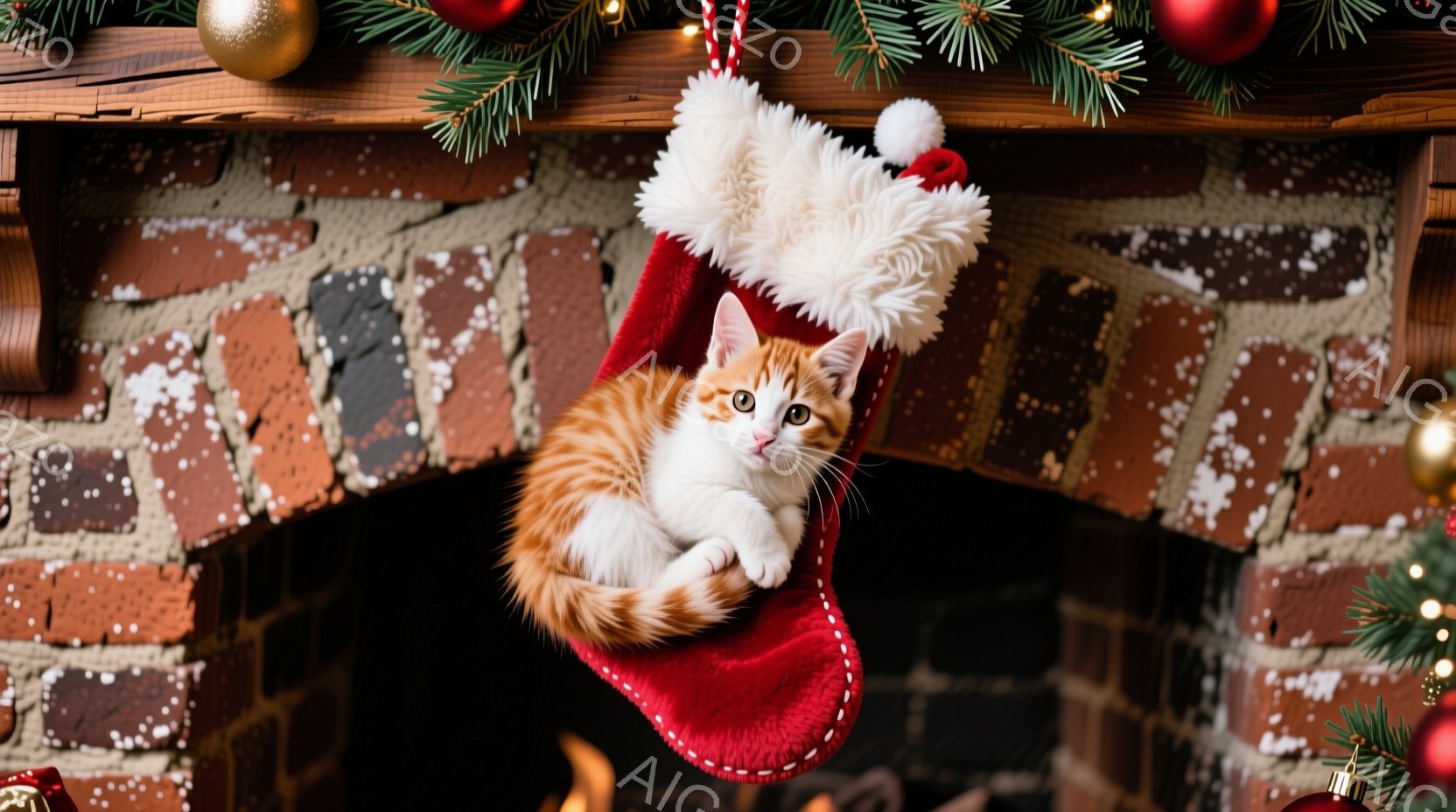 赤いクリスマスストッキングの中に、オレンジと白の毛並みを持つ子猫が丸まって眠っています。子猫は穏やかな表情で、リラックスした様子が伺えます。背景にはレンガ造りの暖炉と、緑色のクリスマスツリーの飾りが見 - AI生成フリー素材