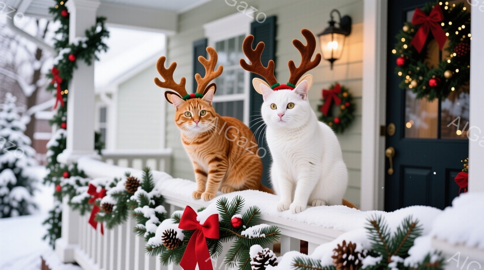 白とオレンジ色の猫が、クリスマスのトナカイの角を付けて白い手すりに座っています。背景には、クリスマスリースや装飾が施された玄関があり、雪が降る冬の風景が広がっています。全体的に、温かく、お祝いの雰囲気 - AI生成フリー素材