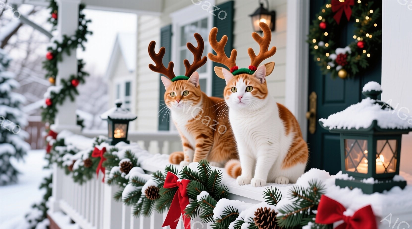 白い柵の上に、2匹のオレンジと白の猫がクリスマス風の角のヘッドバンドをつけて座っています。背景には、クリスマスリースや松ぼっくりで飾られた緑のガーランド、雪で覆われた木々、そして穏やかな光を放つランタ - AI生成フリー素材