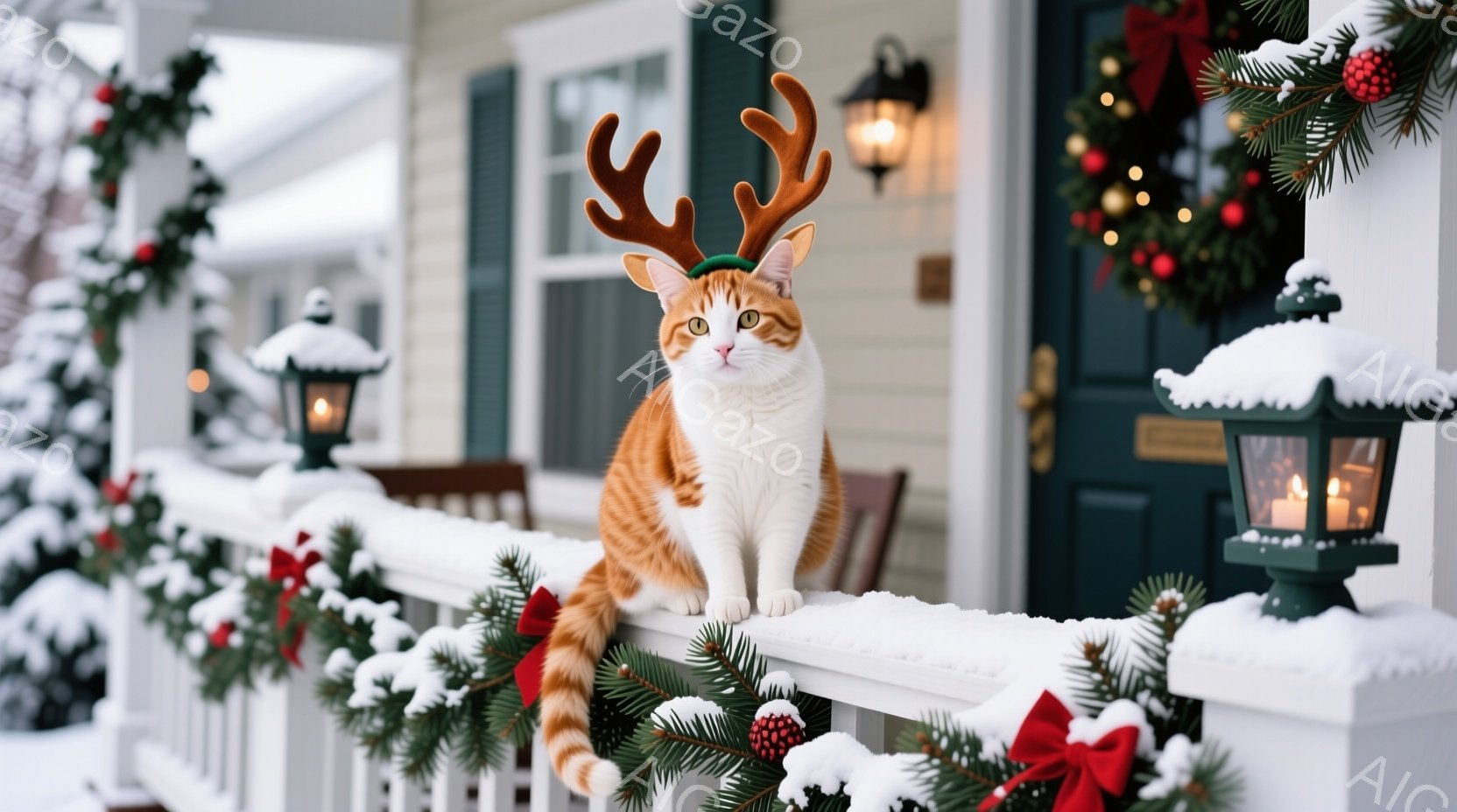 白とオレンジの毛並みの猫が、クリスマスの角の飾りを付けて、雪で覆われた柵の上に座っています。背景にはクリスマスリースや装飾が施された家があり、雪が降る冬の風景が広がっています。全体的に、暖かく、遊び心 - AI生成フリー素材