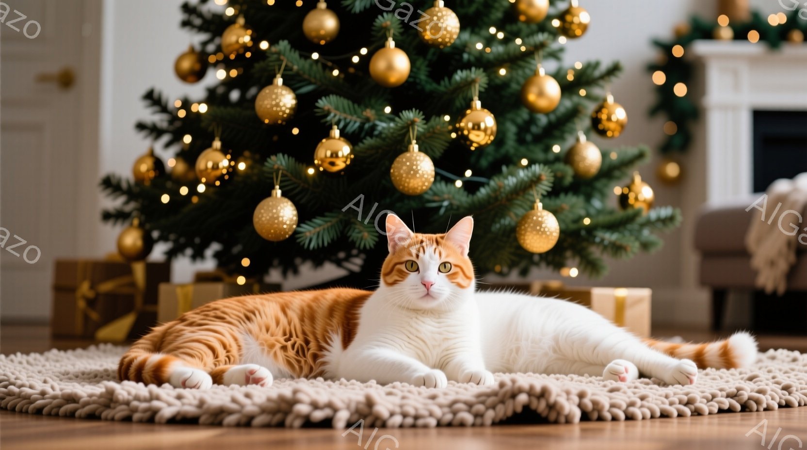 白とオレンジ色の猫が、ベージュ色の丸いラグの上に仰向けに寝そべっています。背景には、金色のオーナメントとイルミネーションで飾られたクリスマスツリーがあり、プレゼントボックスも置かれています。暖色系の照 - AI生成フリー素材