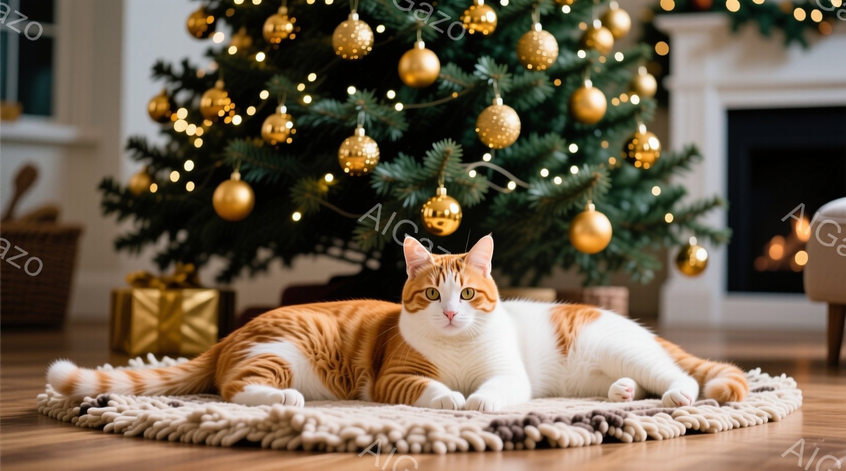 明るいリビングルームで、オレンジと白の猫が円形のラグの上でゆったりと横たわっています。背景には、オーナメントで飾られたクリスマスツリーと、プレゼントの箱が見え、暖炉の火が暖かさを添えています。全体的に - AI生成フリー素材